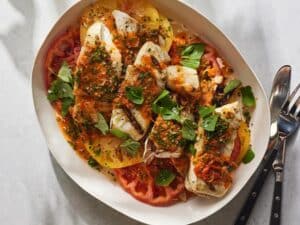 Grilled Halibut with Charred Tomato Vinaigrette