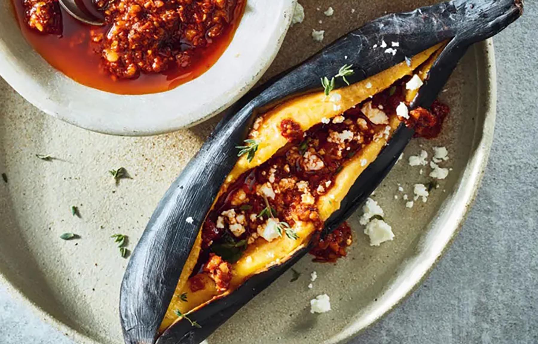 Roasted Plantains with Chili-Peanut Lime Salsa and Feta - Miz En Place