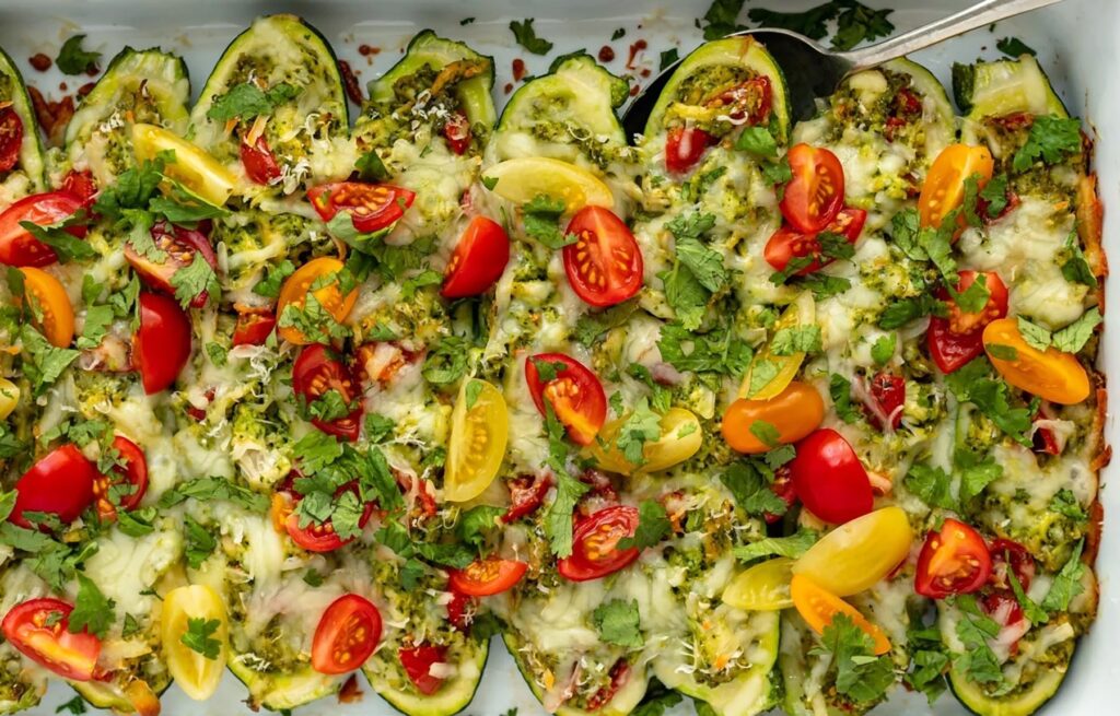 Pesto Chicken Stuffed Zucchini Boats