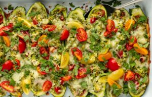 Pesto Chicken Stuffed Zucchini Boats