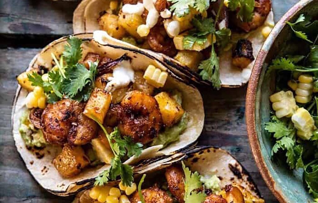 Sheet Pan Hawaiian Pineapple Shrimp Tacos with Creamy Jalapeño Special Sauce