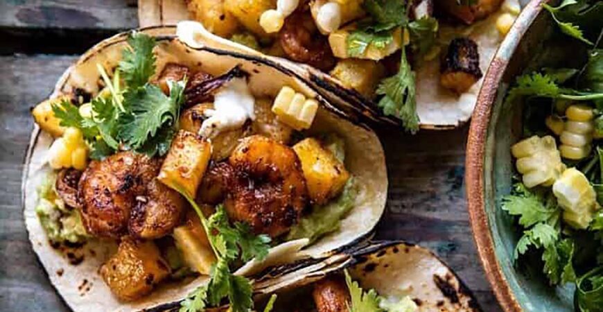 Sheet Pan Hawaiian Pineapple Shrimp Tacos with Creamy Jalapeño Special Sauce