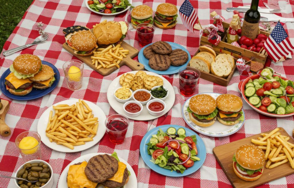 American foods on a picnic blanket American foods on a picnic blanket