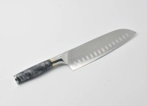 8-Inch-Santoku-Knife-with-a-Ancient-Wood-Vein-Marble-Handle-a-Champagne-Cubic-Zirconia-Stone-at-the-Back-of-the-Knife-and-Brass-and-Stainless-Steel-Decorative-Rings