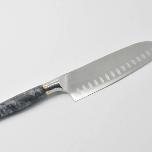 8-Inch-Santoku-Knife-with-a-Ancient-Wood-Vein-Marble-Handle-a-Champagne-Cubic-Zirconia-Stone-at-the-Back-of-the-Knife-and-Brass-and-Stainless-Steel-Decorative-Rings