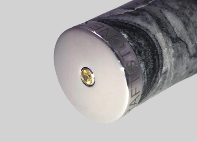 8-Inch-Santoku-Knife-with-a-Ancient-Wood-Vein-Marble-Handle-a-Champagne-Cubic-Zirconia-Stone-at-the-Back-of-the-Knife-and-Brass-and-Stainless-Steel-Decorative-Rings3