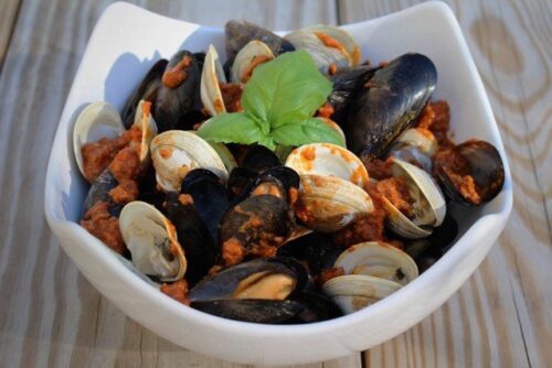 Sausage Ragu over Clams and Mussels