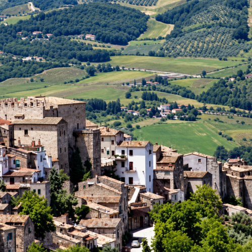Rooftops Over Rolling Green Countryside