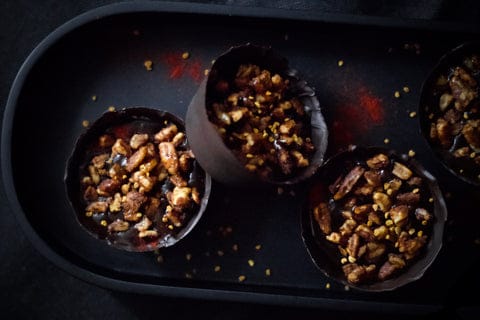 Chocolate Ganache Cups with Sweet and Spicy Pecans