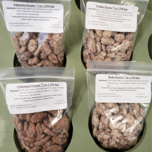 Candied Pecans, 7oz bags, choose from Praline, Rum, Cinnamon, or Amaretto