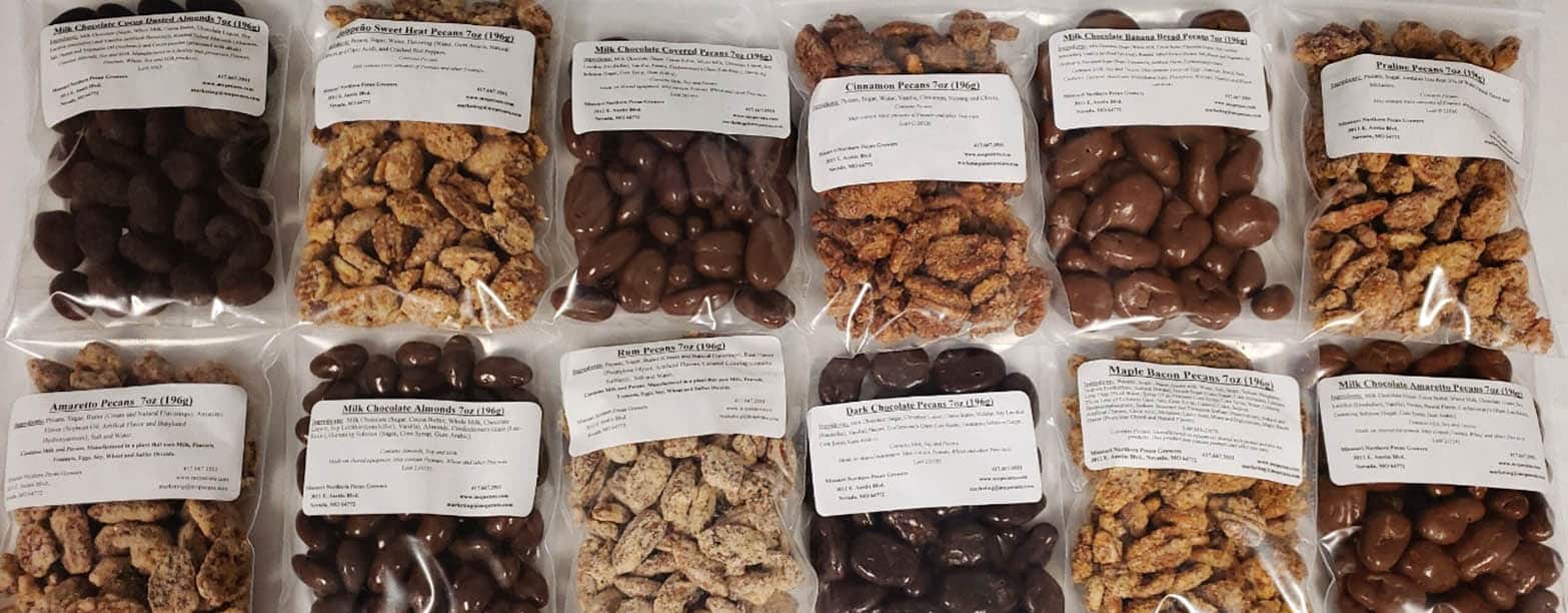 Candied Pecans, 7oz bags, choose from Praline, Rum, Cinnamon, or Amaretto