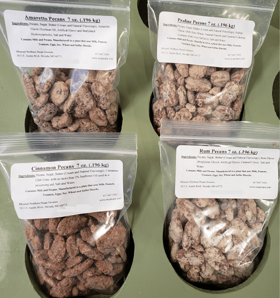 Candied Pecans, 7oz bags, choose from Praline, Rum, Cinnamon, or Amaretto