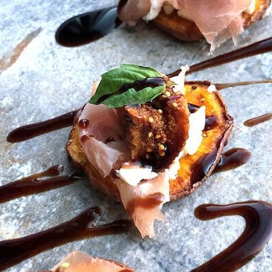 Sweet Potato Crostini with Prosciutto and Honey-Balsamic Roasted Figs