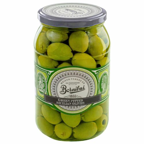 Bornibus Green Olives: Sicilian Olives (Olives Siciliennes Dénoyautées), pitted, 31oz (880g)