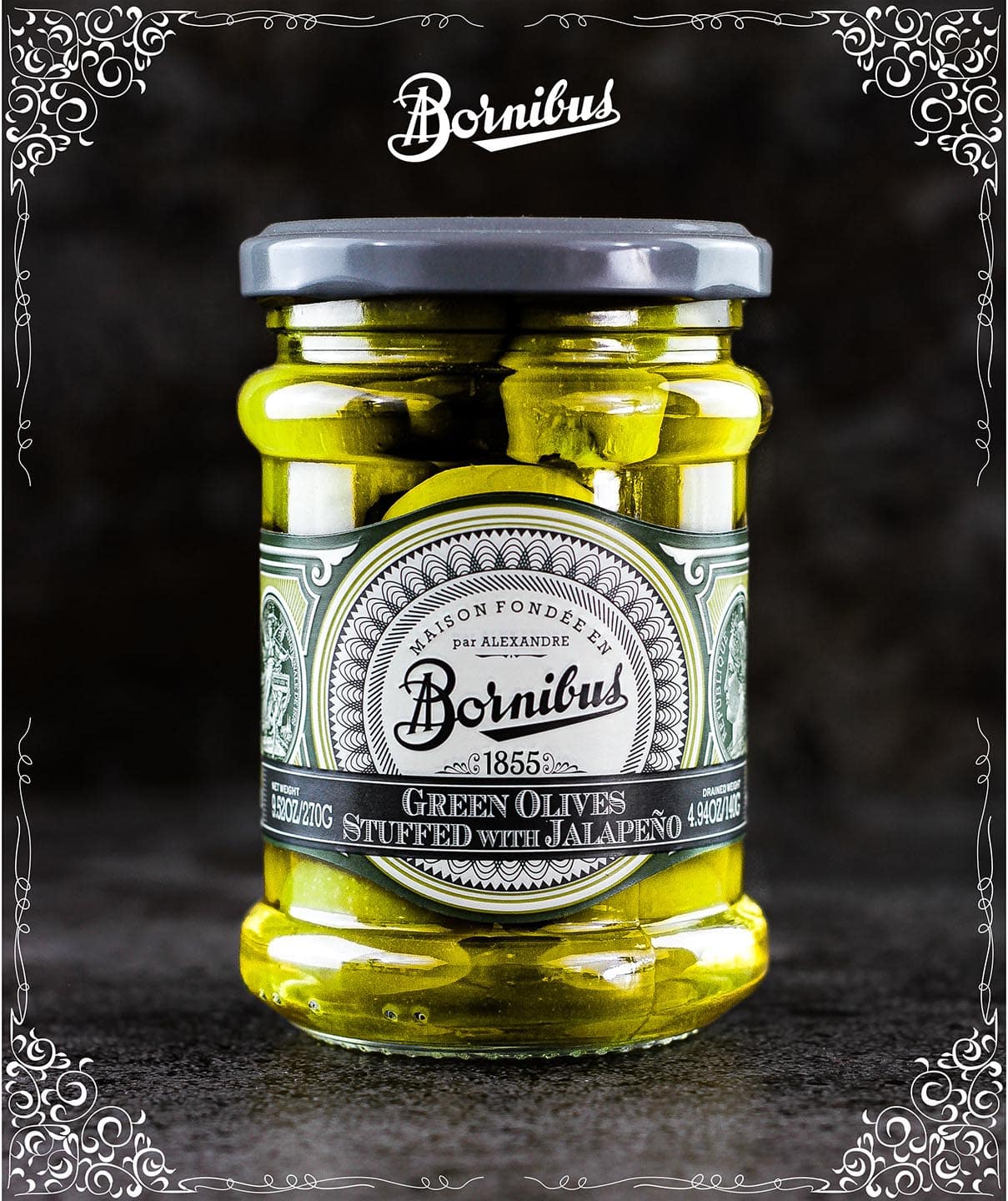 Bornibus Green Olives Green Olives Stuffed with Jalapenos (Olives Vertes Farcies au Piment