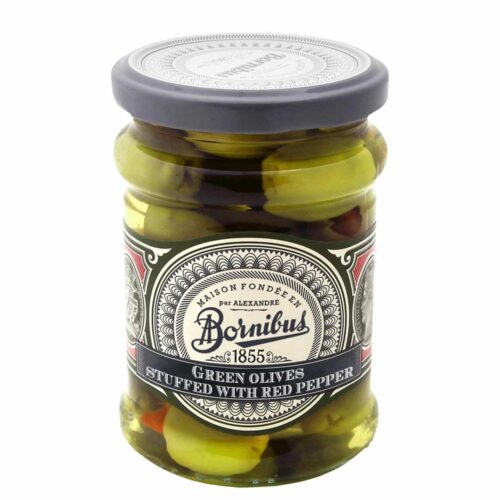 Bornibus Green Olives : Green Olives Stuffed with Red Peppers (Olives Vertes Farcies au Poivron Rouge), 9.5oz (270g)