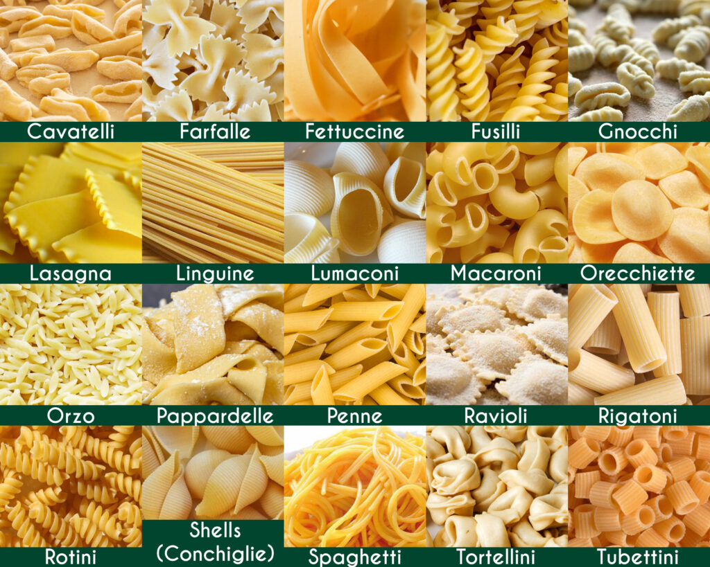 Grid of different types of pastas