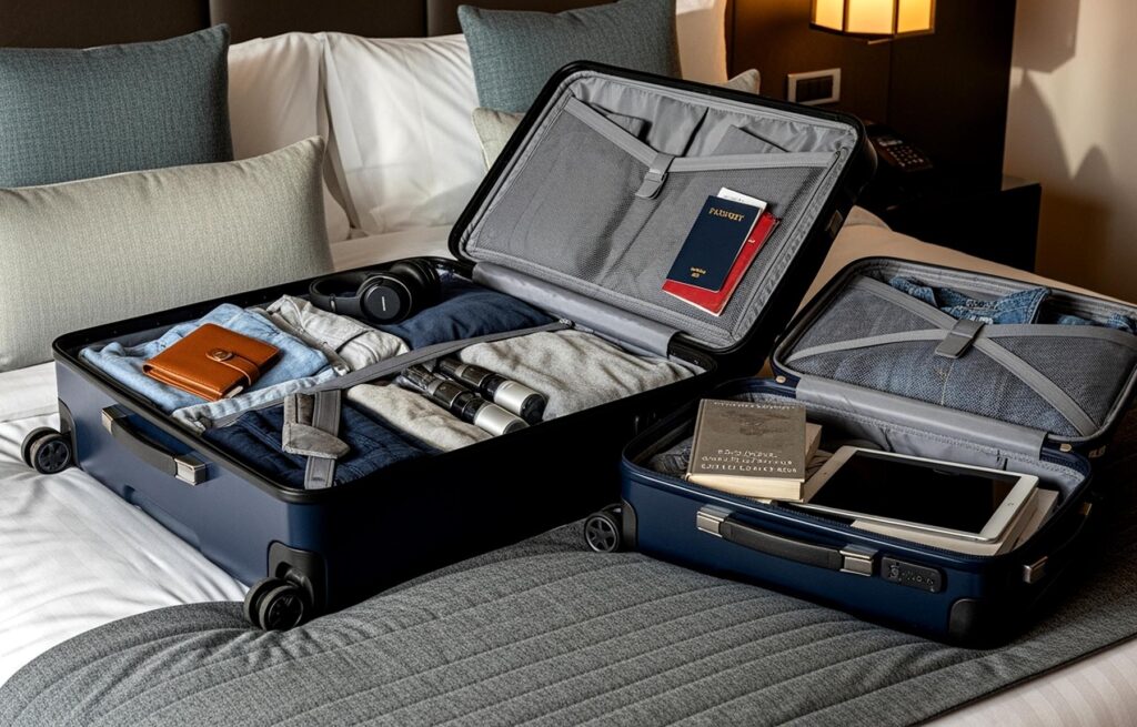Two Organized Suitcases Packed and Ready for a Trip on a Hotel B