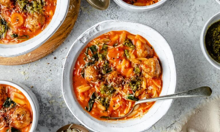 Creamy Tomato Orzo Soup with Mini Turkey Meatballs