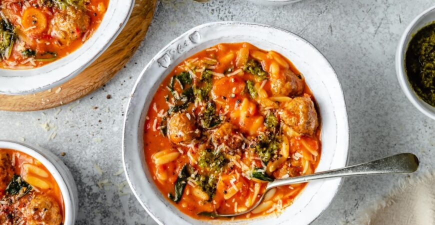 Creamy Tomato Orzo Soup with Mini Turkey Meatballs