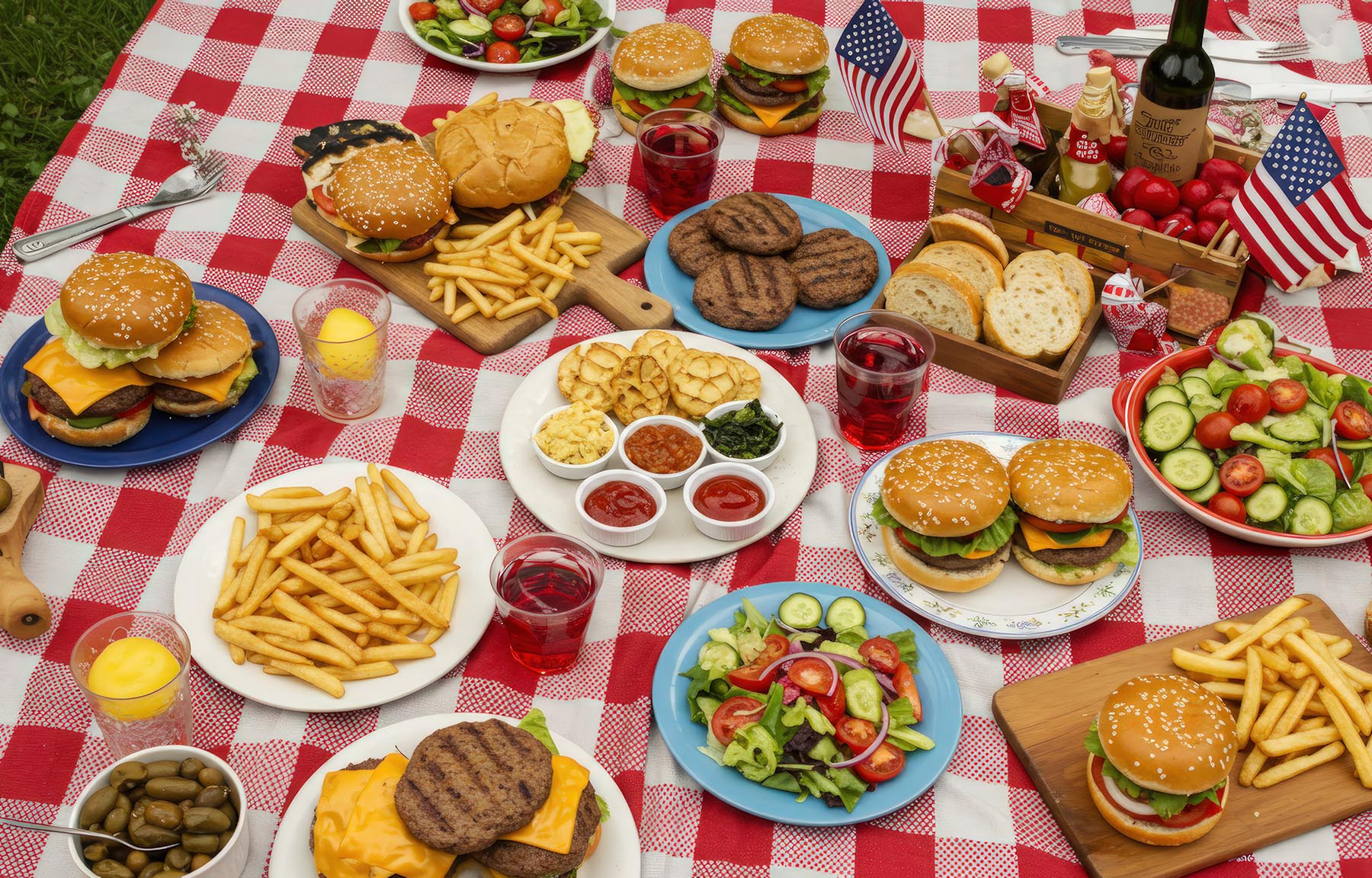 American foods on a picnic blanket