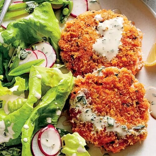 Fresh Salmon Cakes with Buttermilk Dressing Recipe Fresh Salmon Cakes with Buttermilk Dressing Recipe