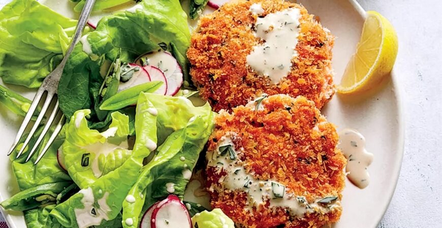 Fresh Salmon Cakes with Buttermilk Dressing Recipe