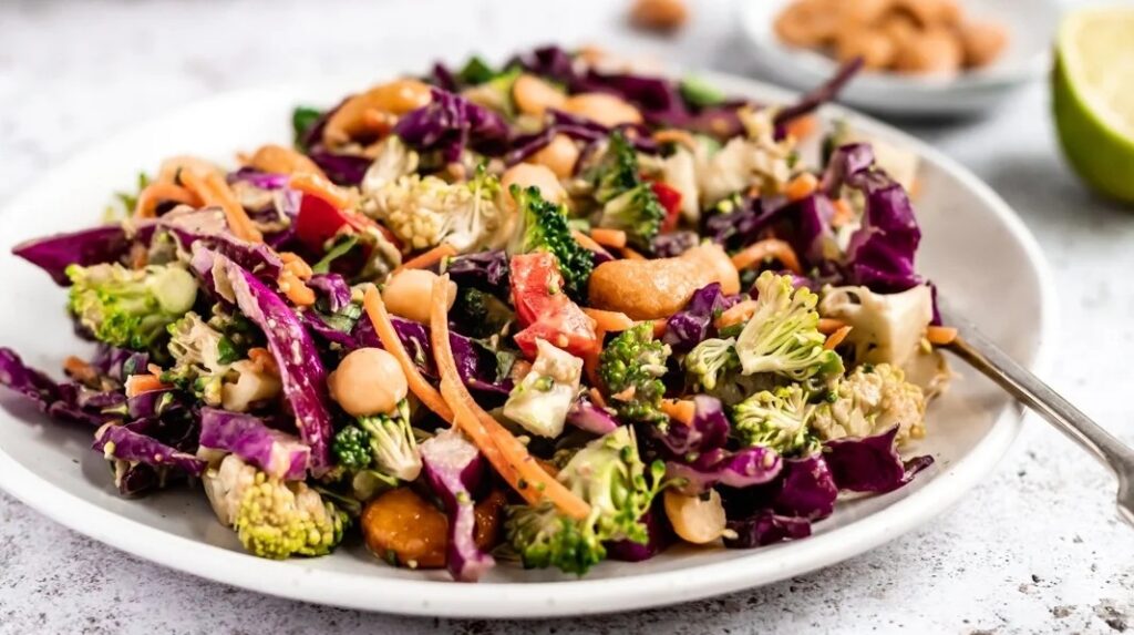Spicy Cashew Chickpea Broccoli Salad with Ginger Peanut Dressing