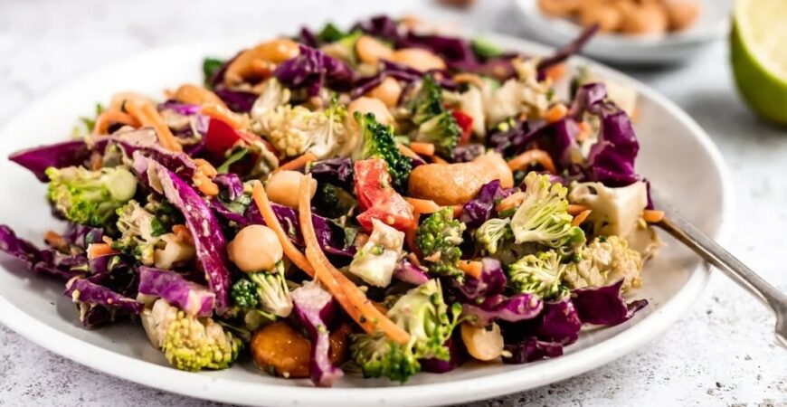 Spicy Cashew Chickpea Broccoli Salad with Ginger Peanut Dressing